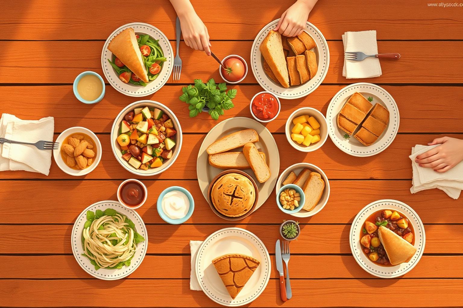 A wooden table covered with colorful potluck dishes seen from above